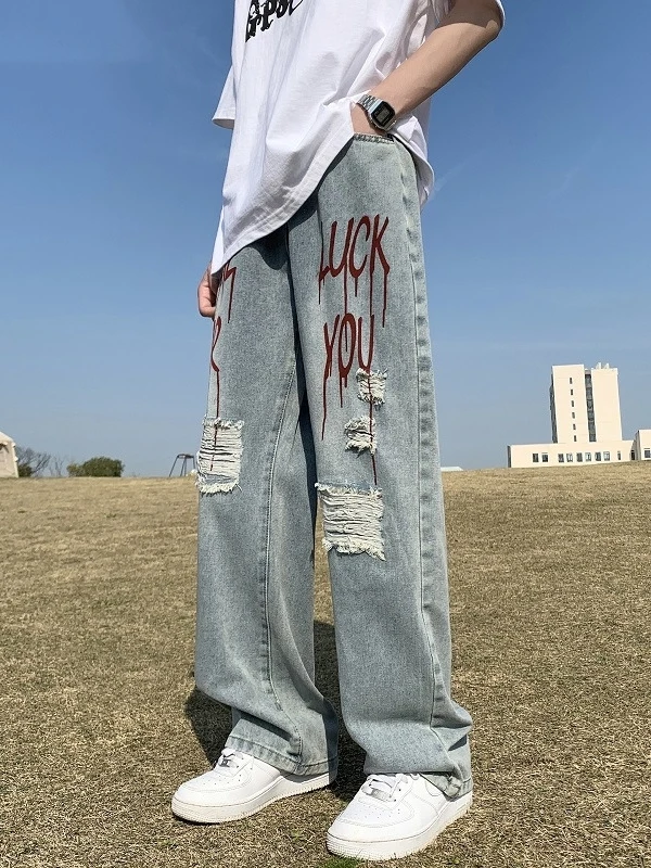 

Мужские летние тонкие джинсы в стиле американского хип-хопа, свободного кроя, прямые, с рваными элементами, модные, для уличного стиля