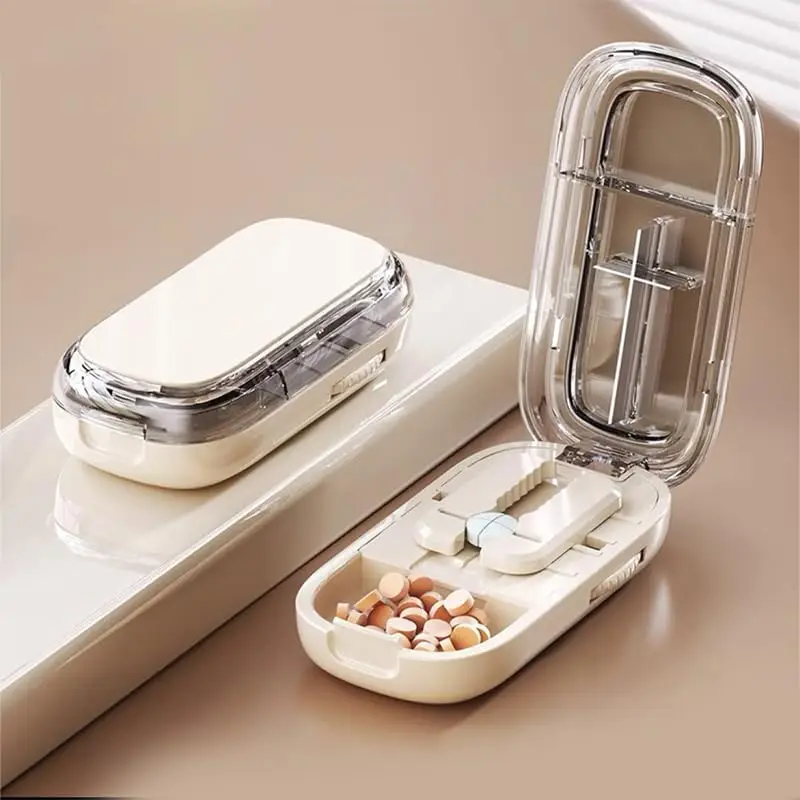 

Portable Pill Case with Pill Cutter, 2-in-1 Plastic Pill Organizer, Travel Pill Splitter & Storage Box for Vitamins, Tablets