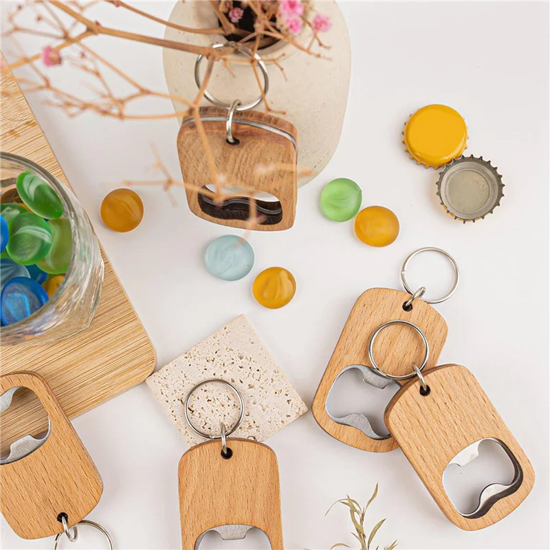 GTBL 40Pcs Wood Bottle Opener Wooden Keychain Bottle Openers Blanks Wood Engraving Key Chains Key Tag For DIY Crafts