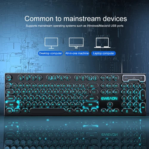 Imagen 2 del producto Teclado para juegos de máquina de escribir EWEADN, 104 teclas, teclas redondas retro punk, retroiluminación azul, cable USB, para PC/portátil Windows