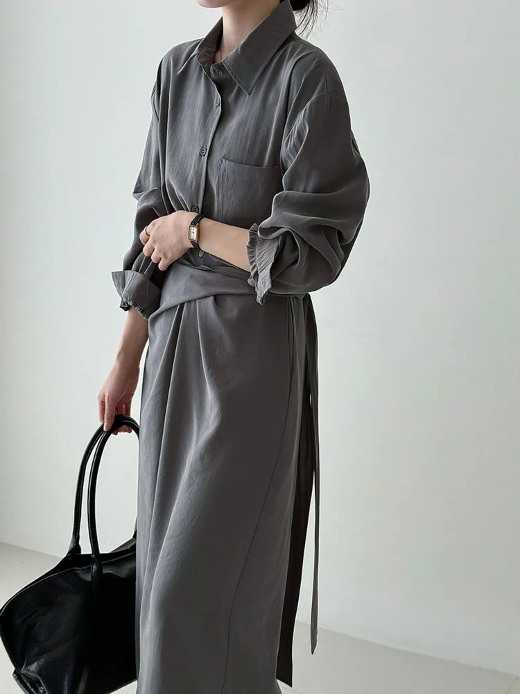 WHTREND vestido camisero de estilo coreano para mujer otoño nuevas mangas largas cintura fruncida Irregular elegante vestidos largos Oficina señora WH1469