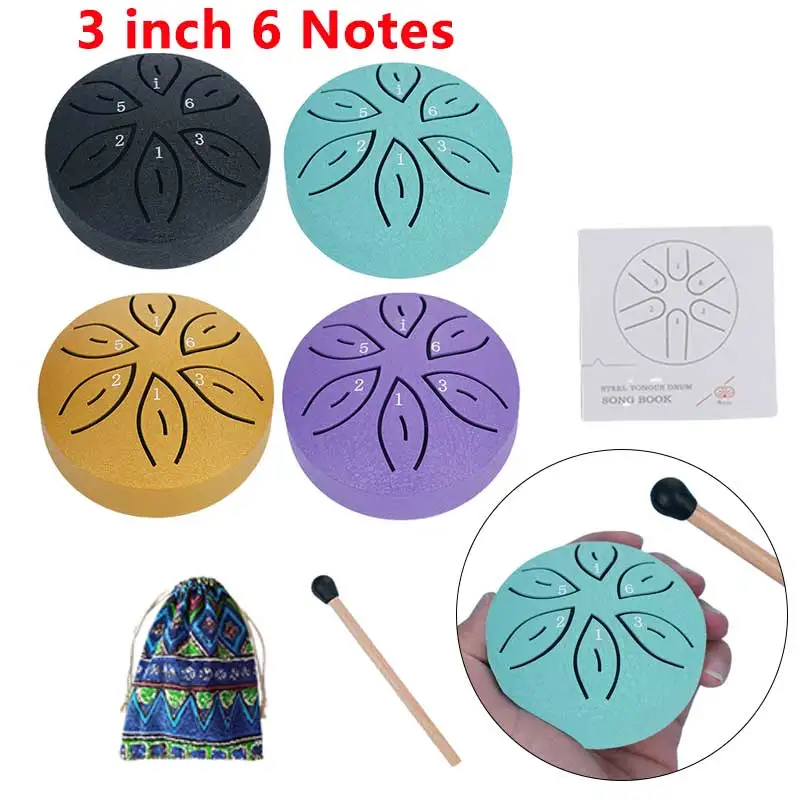 Mini Handpan Drum 3 Inches 6 Notes Steel Tongue Drum Rain Chime for Yoga Meditation Unique Gift with Drumsticks Percussion