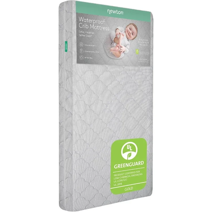 Waterproof Crib Mattress for Nursery Use, Organic Cotton Fabric in Light Gray, Breathable Machine-Washable Design