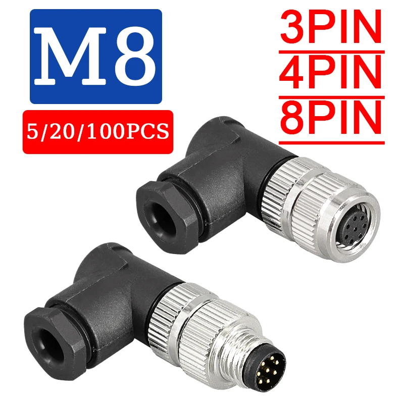 

5/20/100PCS M8 sensor elbow connector waterproof male&female plug screw threaded coupling 3 4 5 8 12 Pin A type sensor connector