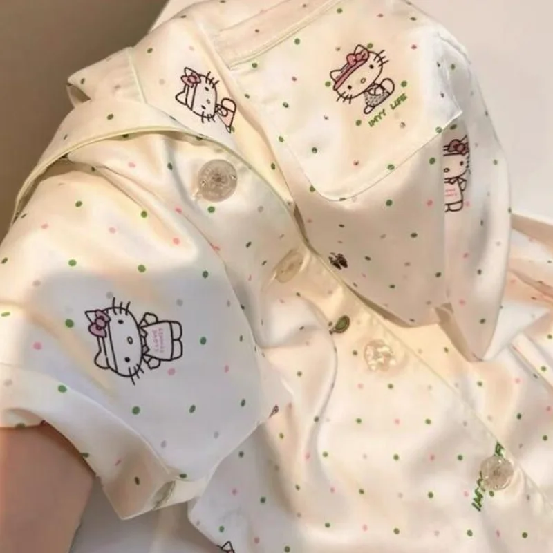 

Sanrio Hello Kitty Pajamas Set Soft Women Student Home Outdoor Sweet Japanese Summer Green Edge Polka Dot Short Sleeve Shorts