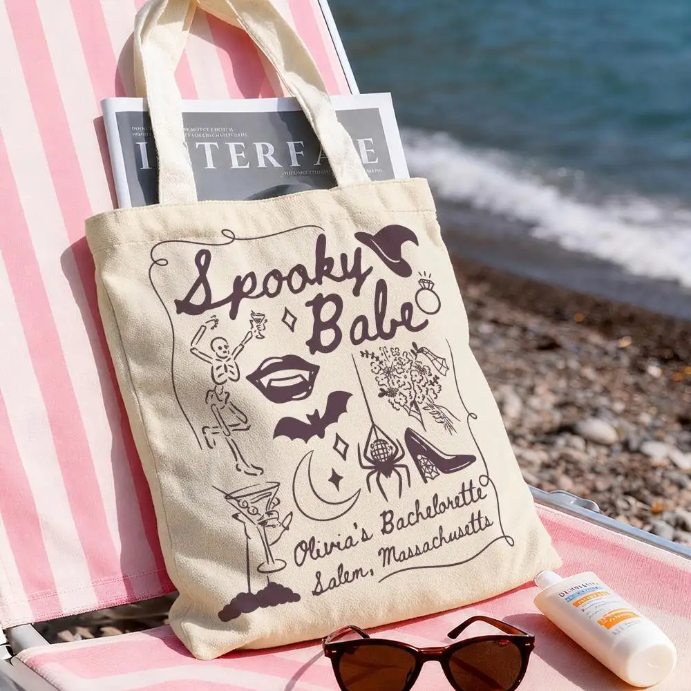 Retro Spooky Babe Collage Storage Bags Canvas Tote Bag Large Capacity Shoulder Bag Eco-Friendly Reusable Casual Handbag