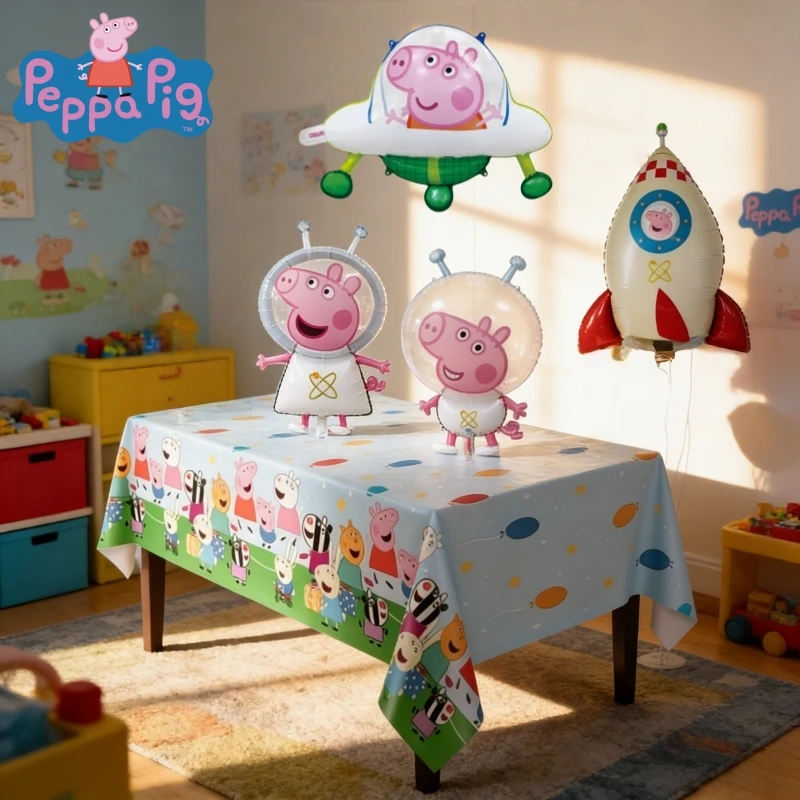 Set de 5 Globos de Aluminio con Temática Espacial de Peppa Pig y Combinación de Mantel para Fiesta, Decoración Adorable de Dibujos Animados para Cumpleaños y Festividades