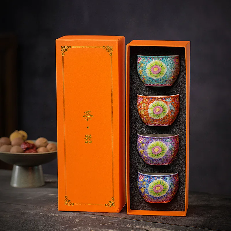 Phoenix Flower Enamel Teacup Set 4-piece Kung Fu Tea Set Coffee Cup Set Gift Box 130ml Teacup Afternoon Tea Gift Box