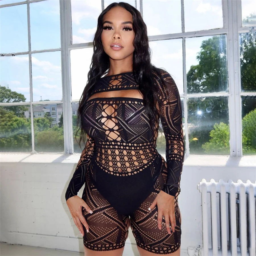 

New Arrivals Solid Hollow Out Sexy See Through Rompers Women Long Sleeve Party Wear Seamless Ladies Jumpsuit