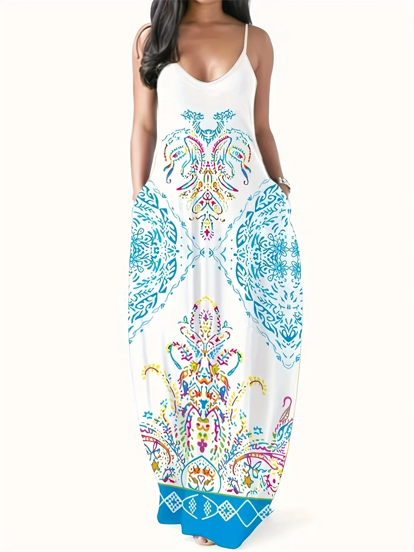 

Vacation oriented summer new women's digital print sexy V-neck long dress with suspender dress