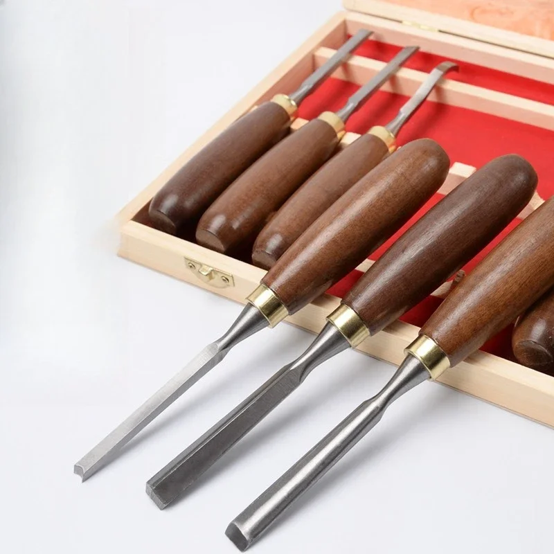 6/12Pcs Wood Chisel Set Walnut Handle Woodcarving Spoon Cutter Carpenter Tools Carving Knife Woodworking Hand Carving Tool Set