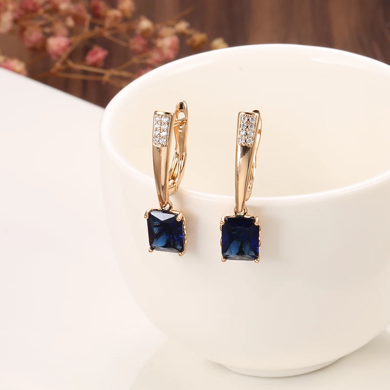 SYOUJYO Square Mysterious Blue Natural Zircon Long Earring For Women Luxury 585 Rose Gold Color Wedding Earrings Fine Jewelry