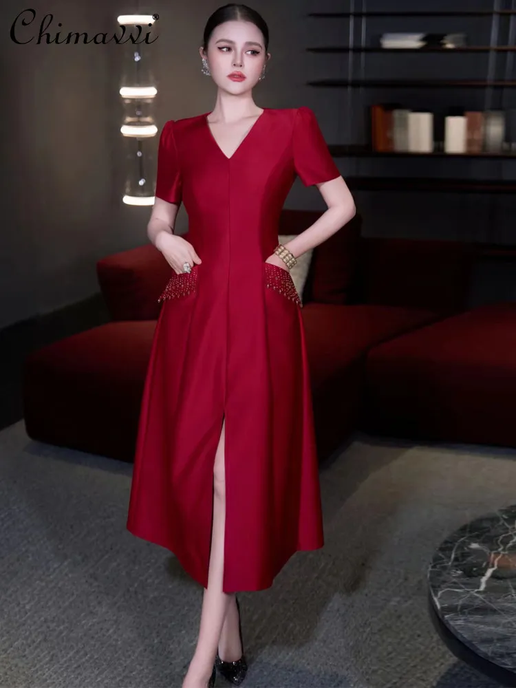 

2026 Spring French Elegant Socialite High-End Banquet Evening Dress V-Neck Short Sleeve Slim A-Line Split Long Dresses for Women