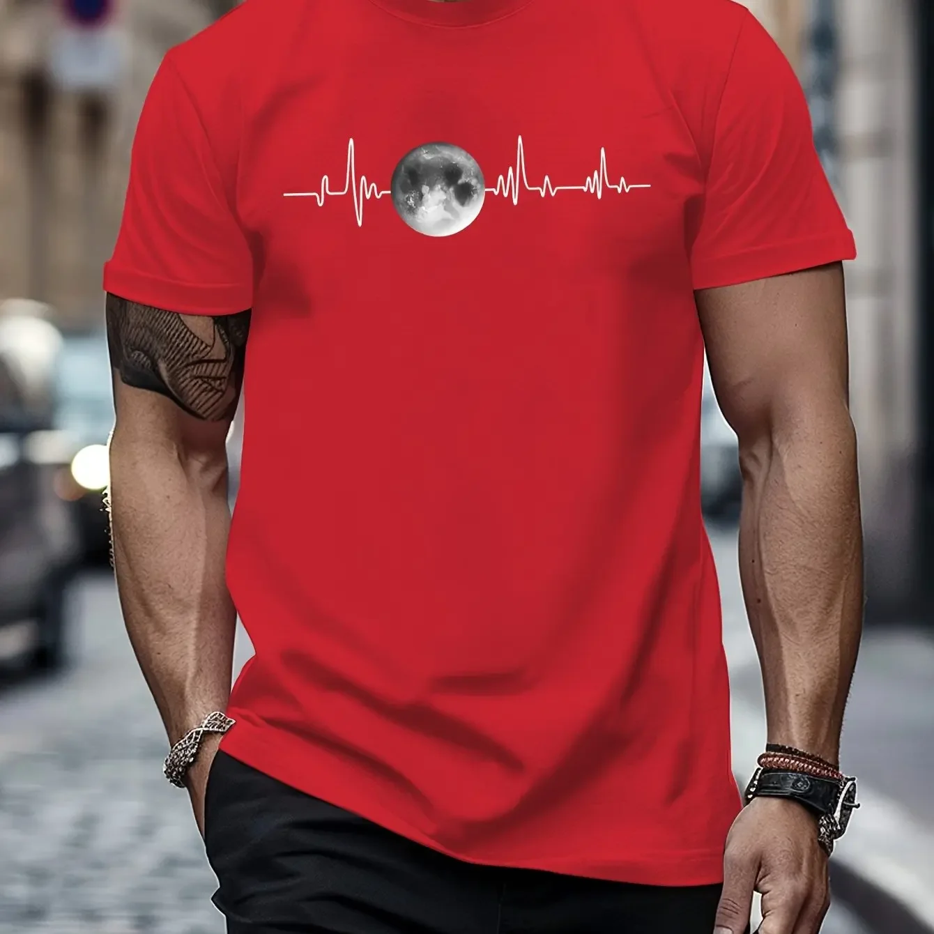 Casual Loose Fit Plus Size Moon Print Comfortable Round Neck Short Sleeved T-Shirt Top T-Shirt Men Sports Printed Shirts