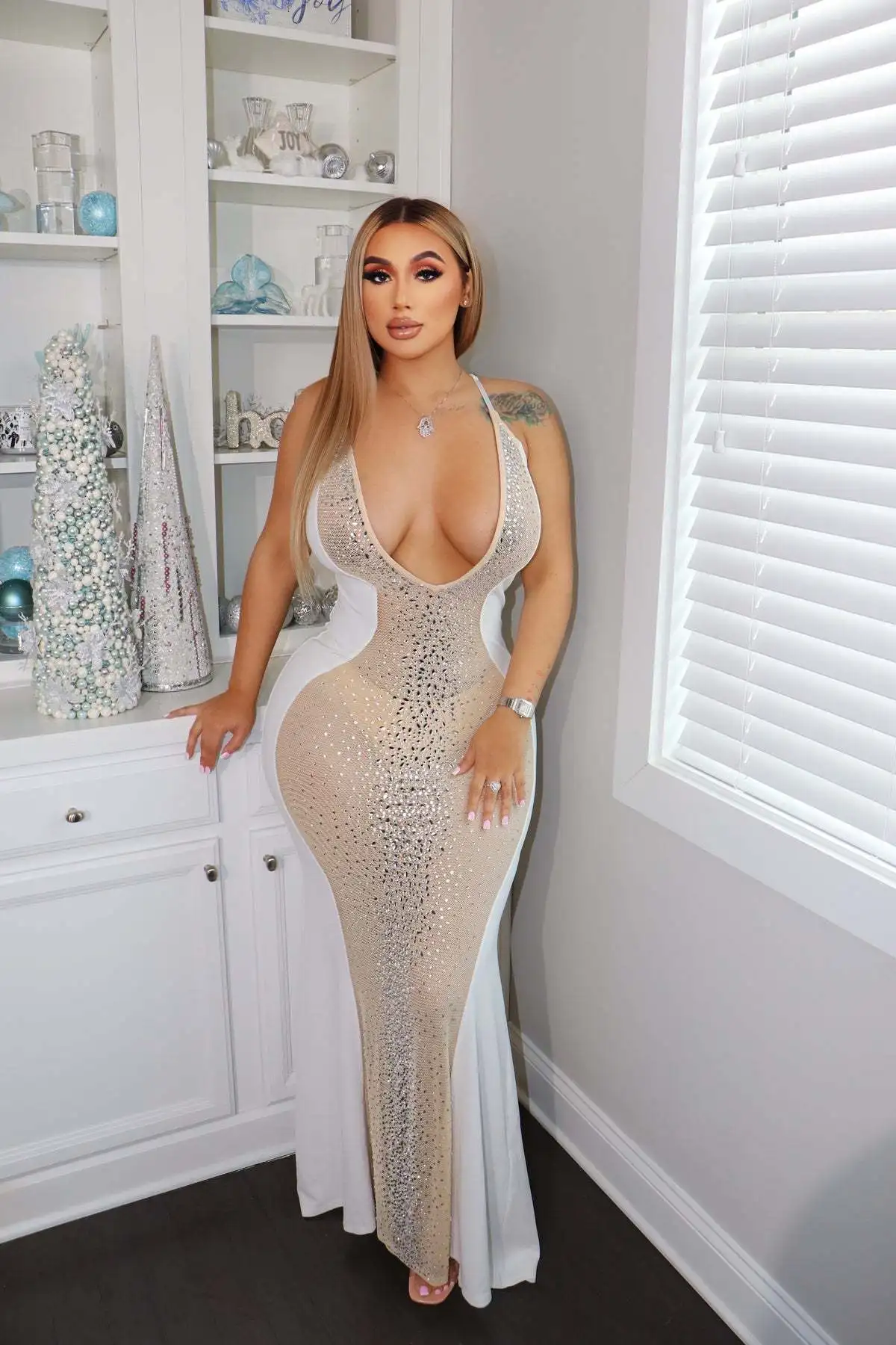 EINYOO Chic élégant femmes maille diamants longues robes col en v profond fête transparent robes de mariage femme vêtements de soirée Y2k