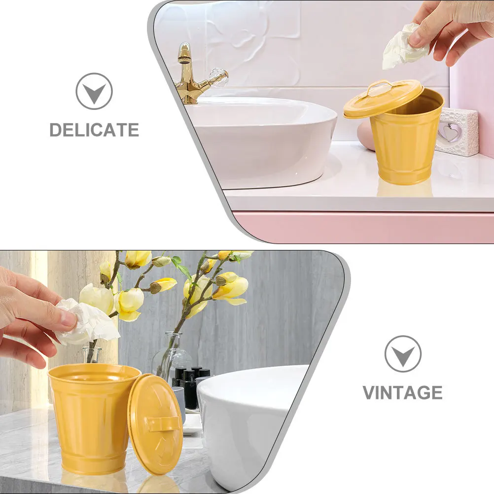 

2Pcs Desktop Trash Can Iron Waste Bin Lid Odor Proof Trendy Minimalist Office Dorm Home Pen Holder Versatile Storage Organizer