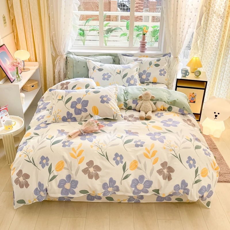 Blue Floral Duvet Cover Set 100% Cotton Comforter Cover for Boys Girls Garden Style 3Pcs Skin-friendly Breathable Bedding Set