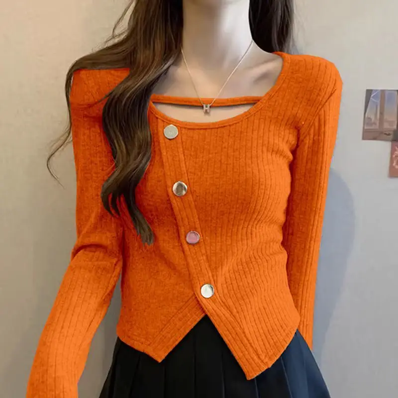 Autumn Winter New Women\'s Fashion Irregular Split Square Collar Long Sleeve Elegant Slim Appear Thin Versatile Sweaters Tops