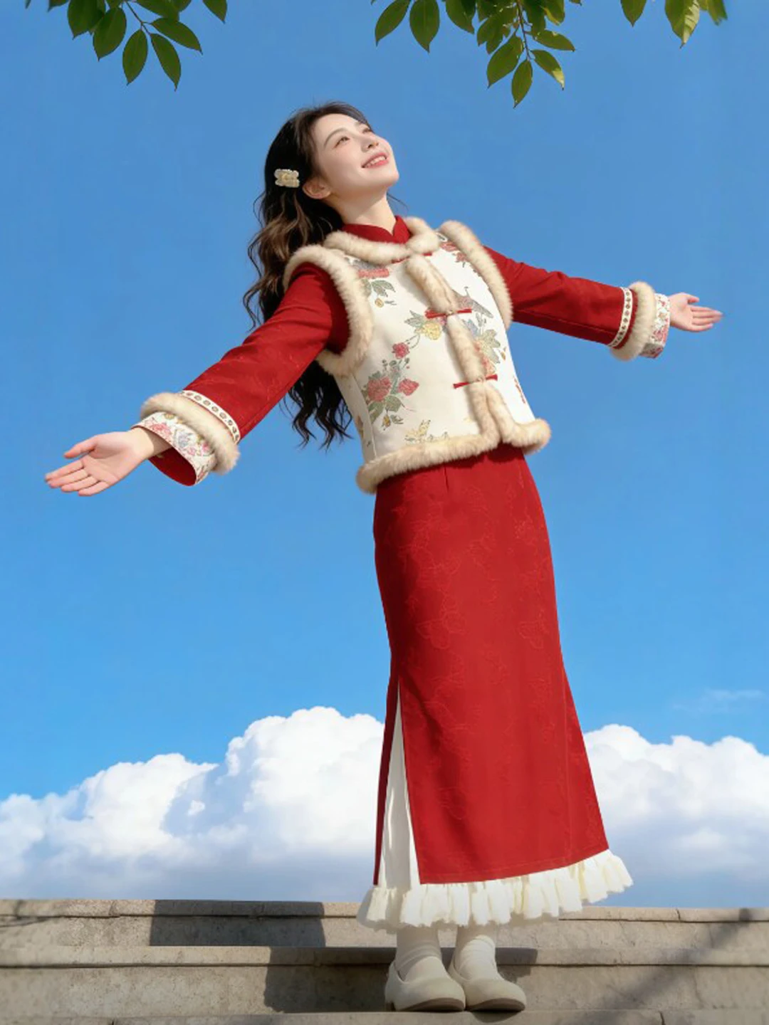 

New Chinese Style Gentle Wind High-End Sensation Set Qipao Dress Comfortable Long Sleeve Cotton Vest Two-Piece Suit for Women