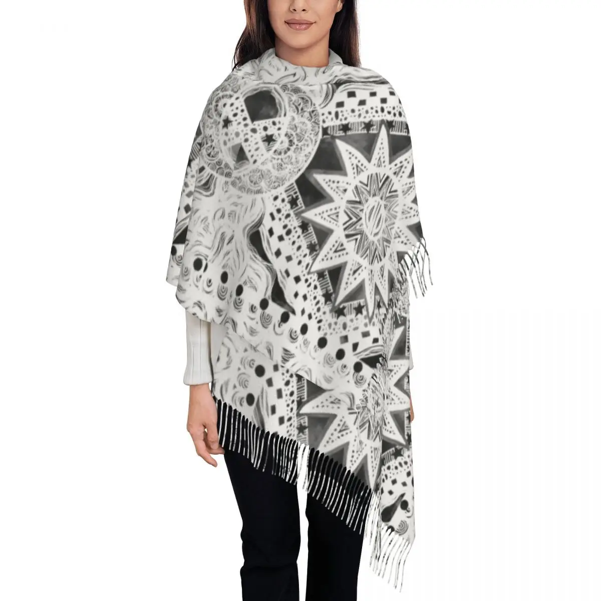 Sun Moon Shawl Wrap for Womens Warm Long Soft Scarf Zodiac Tarot Neckerchief Shawl Scarves