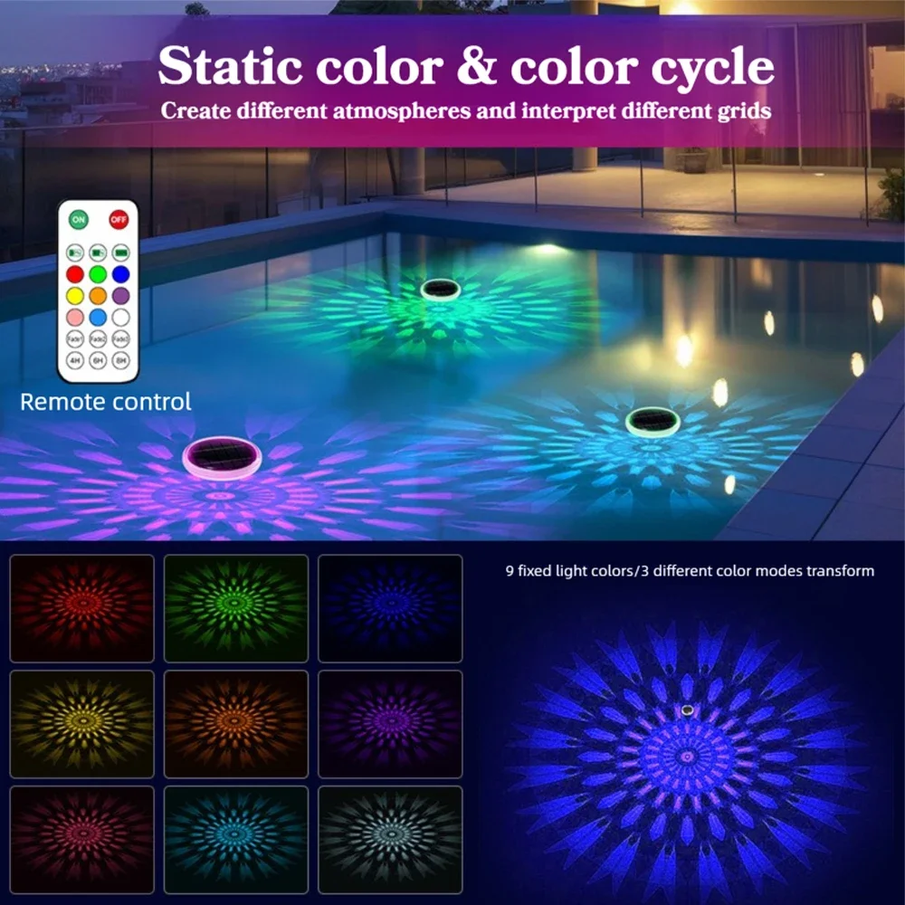 Solar Swimming Pool Lights RGB Color Float Pool Lights Outdoor Remote IP67 Waterproof Pool Decor 9 Lighting Modes Floating Light