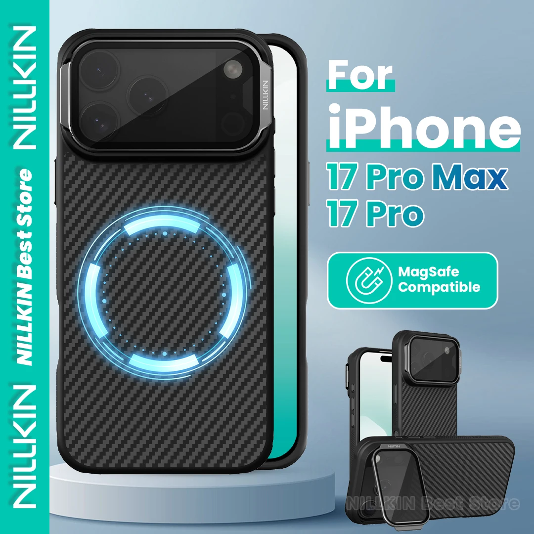Магнитный чехол NILLKIN 1500D из арамидного волокна для Iphone 17 Pro Max/Iphone 17 Pro, прозрачный черный колпачок для объектива, подставка, кевларовый чехол Магнитный чехол NILLKIN 1500D из арамидного волокна для Iphone 17 Pro Max/Iphone 17 Pro, прозрачный черный колпачок для объектива, подставка, кевларовый чехол