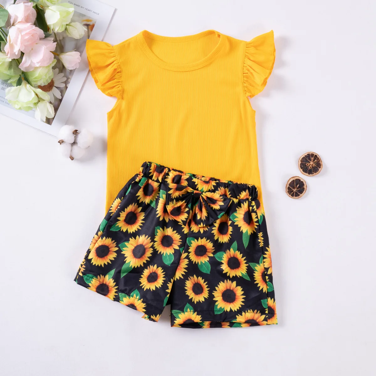 Toddler Girls Summer 2024 Fly Sleeve Ruffled Sunflower Short Sleeve+shorts 2pc Clothes Sets Leopard Casual Children\'s Outfits