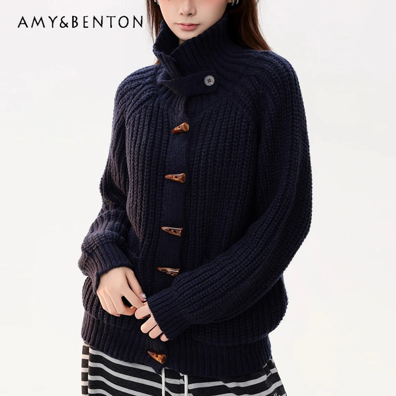 

Autumn Winter Horn Button Stand Collar Knitted Women's Cardigan American Retro Design Loose Versatile Warm Sweater Coat Ladies