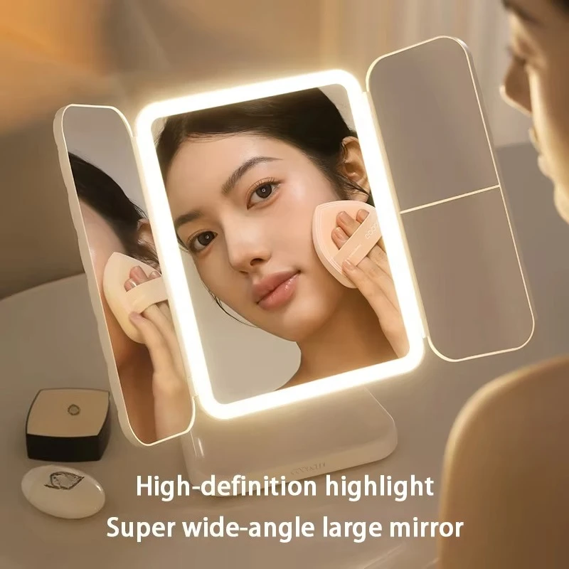3-Color Lamp Stepless Dimming Touch Control Trifold Mirror USB Charging Angle Adjustable Makeup Mirror with Light Emitting Diode