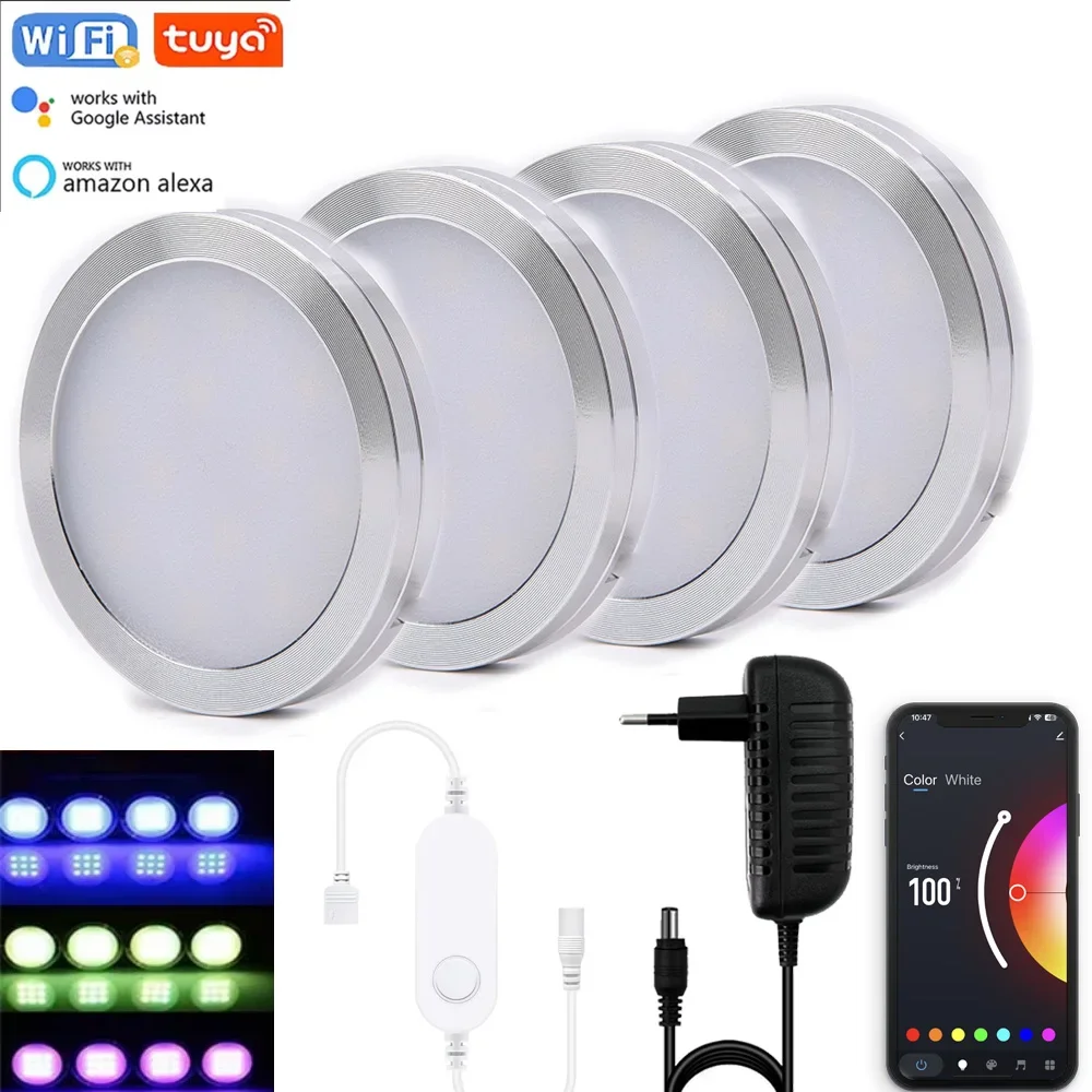 

Under Cabinet Lighting DC12V Tuya WIFI RGB LED Dimmable Puck Festival Kitchen Counter Furniture Lamps APP for Alice Alexa Google