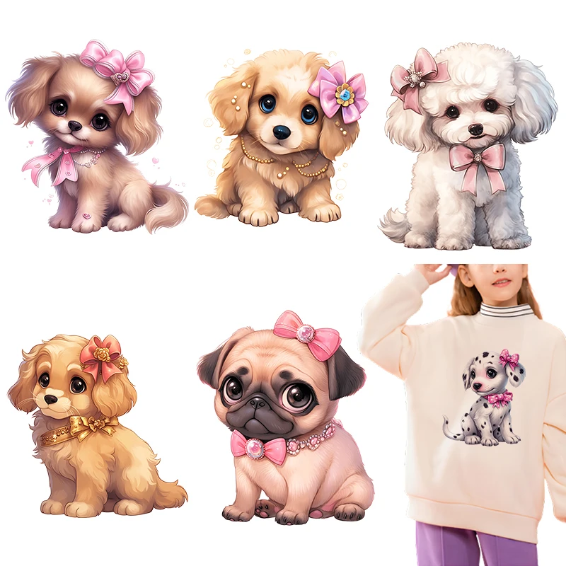 4pcs Cute little dog sister Iron on transfer for Children clothing rainbow dtf transfers ready to press Heat Transfer Printing