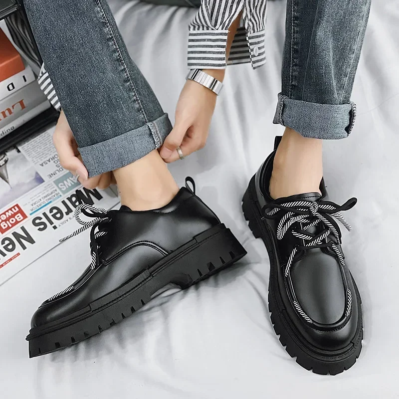 Men Low Shoes for Men Thick Bottom Punk British Style Design Platform Black Lace Up Casual Loafer Shoes Zapatillas Hombre