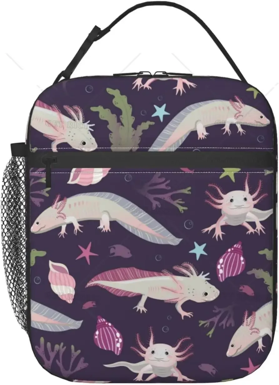 Stylized Rainbow Axolotl Print Insulated Lunch Bag Reusable Portable Lunch Box Keep Warm/Cool Tote Bag with Pocket for Work