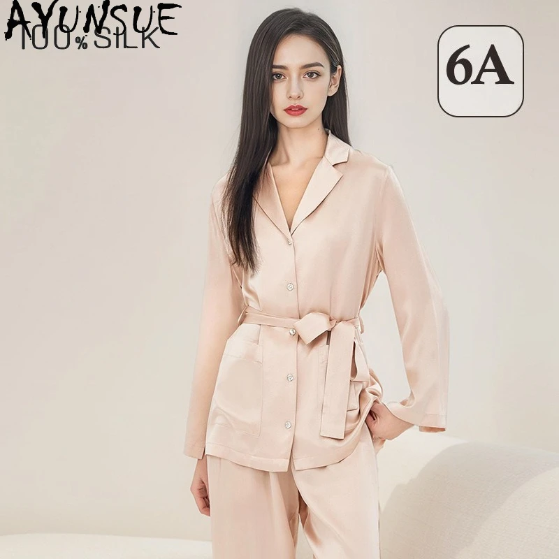 

AYUNSUE 19Mm 100% Mulberry Silk Sleepwear Women Clothes Spring Pajama Sets Casual Pants Long Sleeve Top Two-piece Set Lace-up