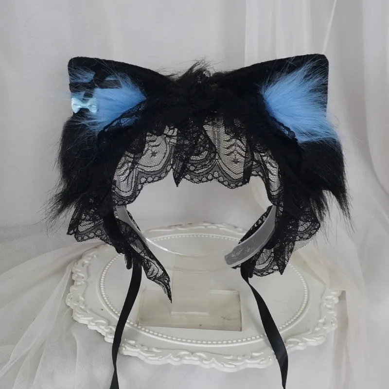 Nieuwe handgemaakte cosplay zwarte lolita kant kat oor hoofdband zoete kat meisje harige oor hoofddeksel subcultuur KC meid haaraccessoires