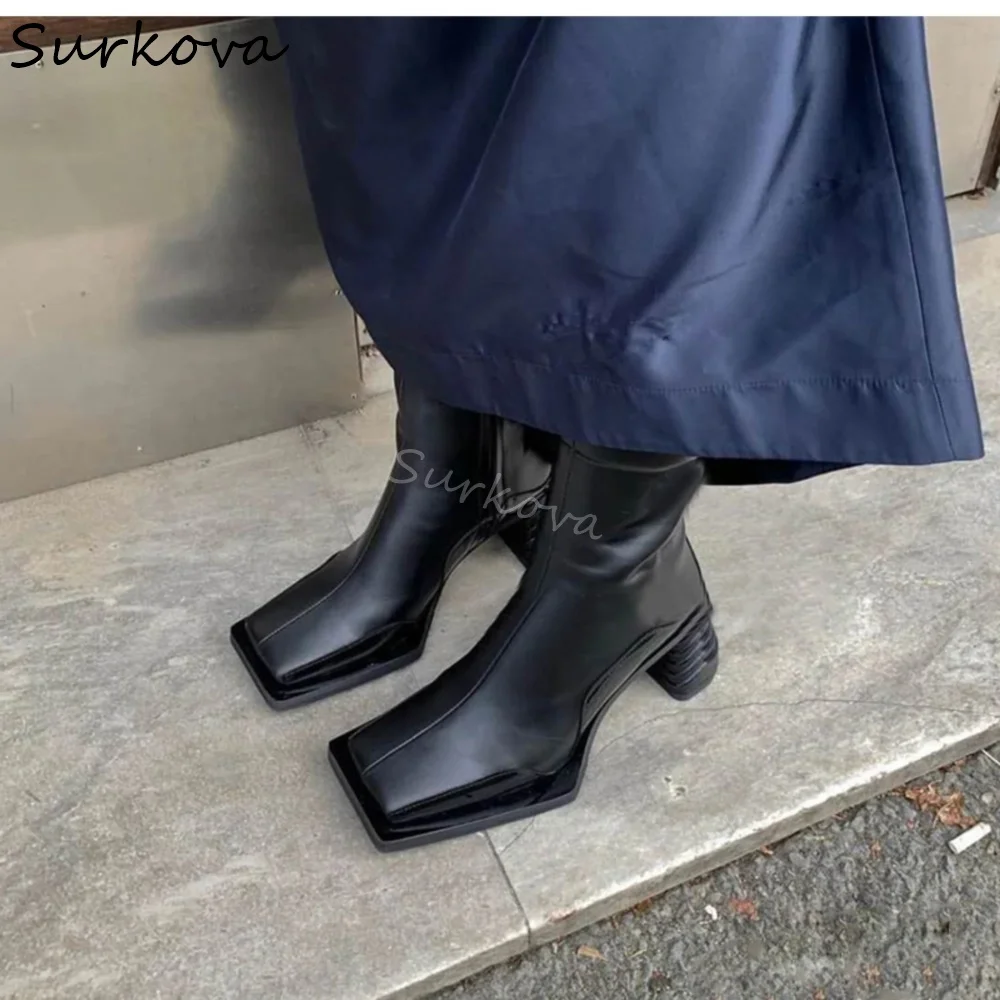 Retro Square Platform Ankle Boots Women Chunky Heels Leather Side Zipper Solid Short Boots 2024 Winter New Fashion Biker Boots