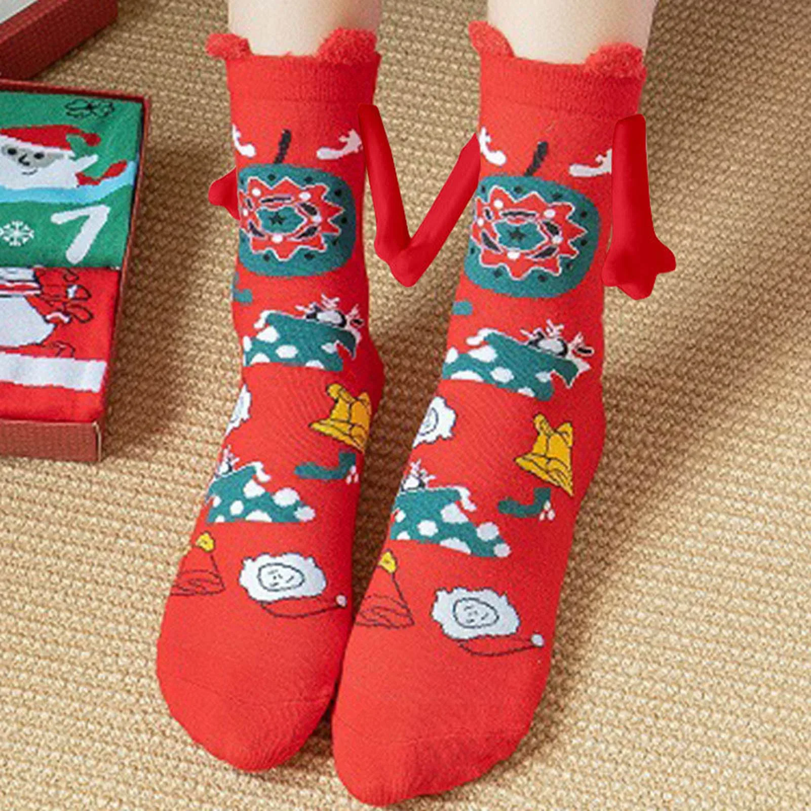 Christmas Hand Holding Socks Xma Themed Cartoon Printed Unisex Funny Couples Socks for Valentines Christmas Gifts