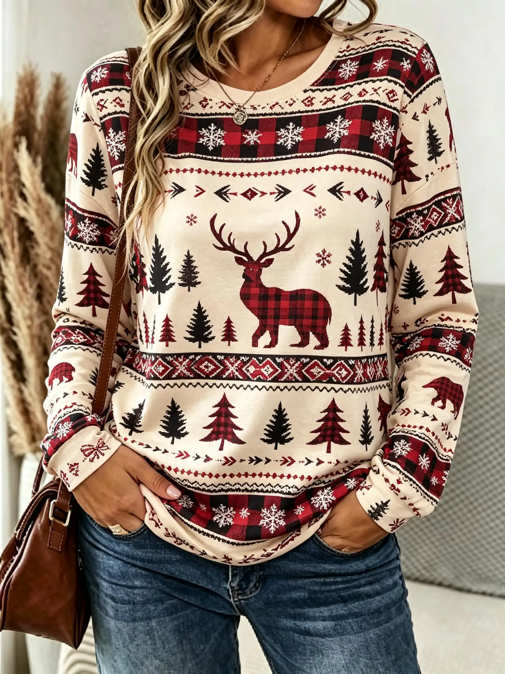 Women Long Sleeve Tee Top Christmas Plaid Reindeer Tree Snowflake Print Autumn Fashion Casual O-Neck Sweatshirt Women's Clothes