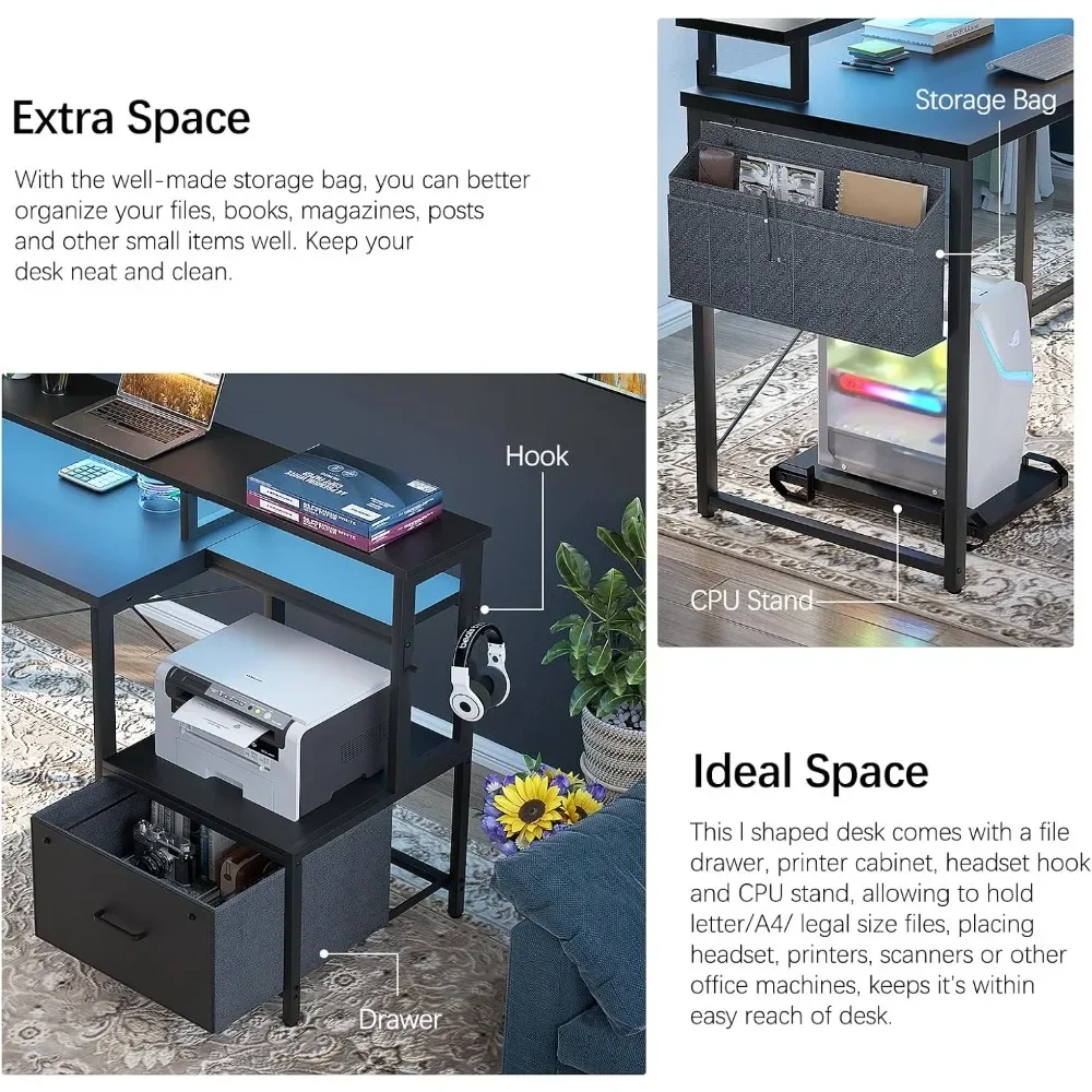 L Shaped Desk with Power Outlet and LED Strip, Reversible L Shaped Computer Desk with File Drawer,Corner Desk for Gaming Writing