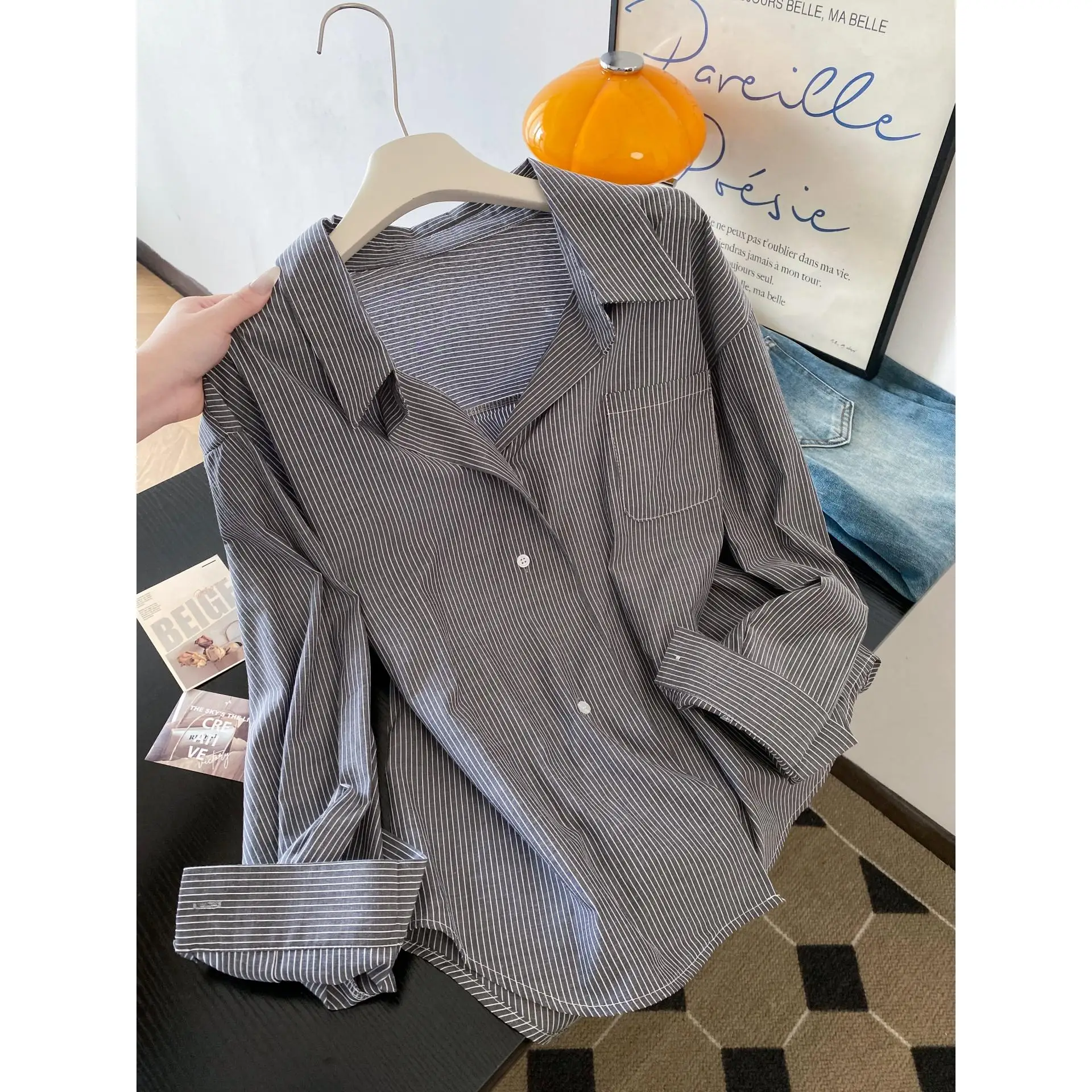 فريد طوق مخطط irt المرأة ربيع الخريف ملابس خارجية تصميم خاص الفرنسية Sle فضفاضة تناسب طويلة Sve الأعلى #2