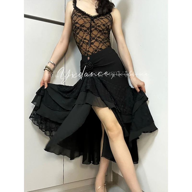 New Women Ballroom Dance Clothes Lace Tops Mesh Black Skirt Waltz Dance Practice Clothing Adult Performance Dance Dress BL13647