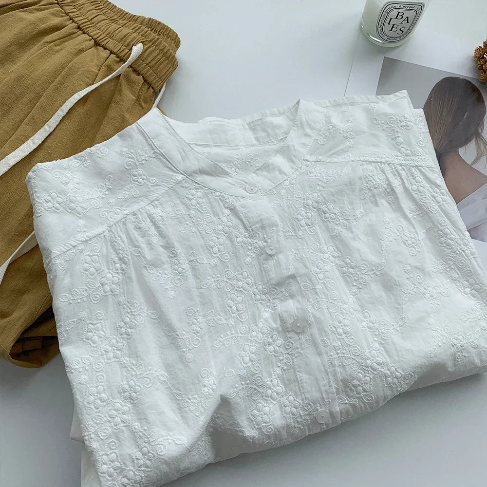 Summer Vintage Cotton Embroidery Lace Shirt Women Mori Girl Cottage Core Classy Beautiful Elegant Youthful Korean White Blouse