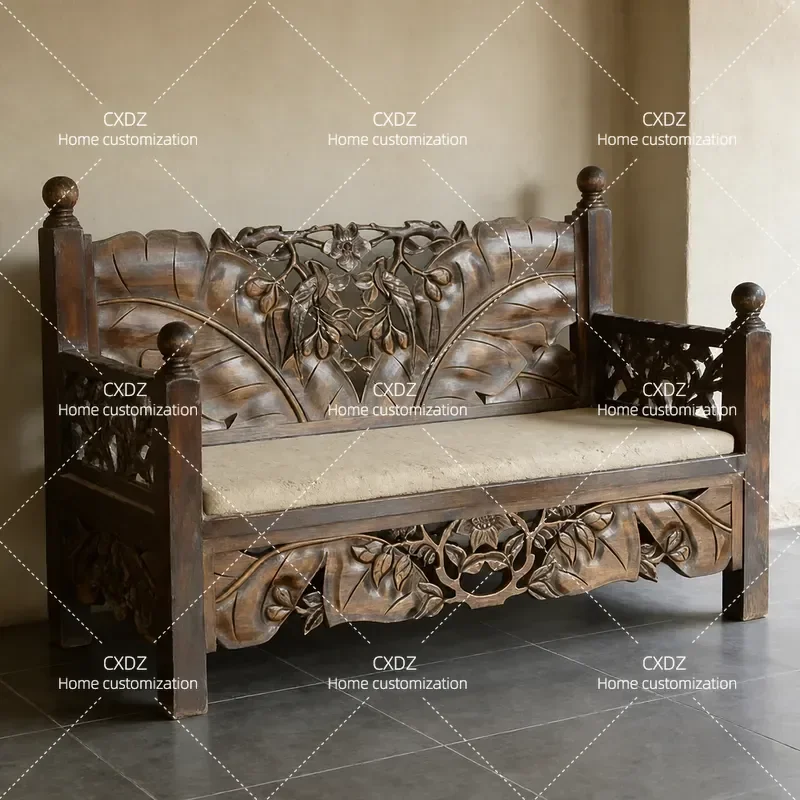Retro Solid Wood Carved Flower Elm Sofa Double and Three Seater Combination CH256-3