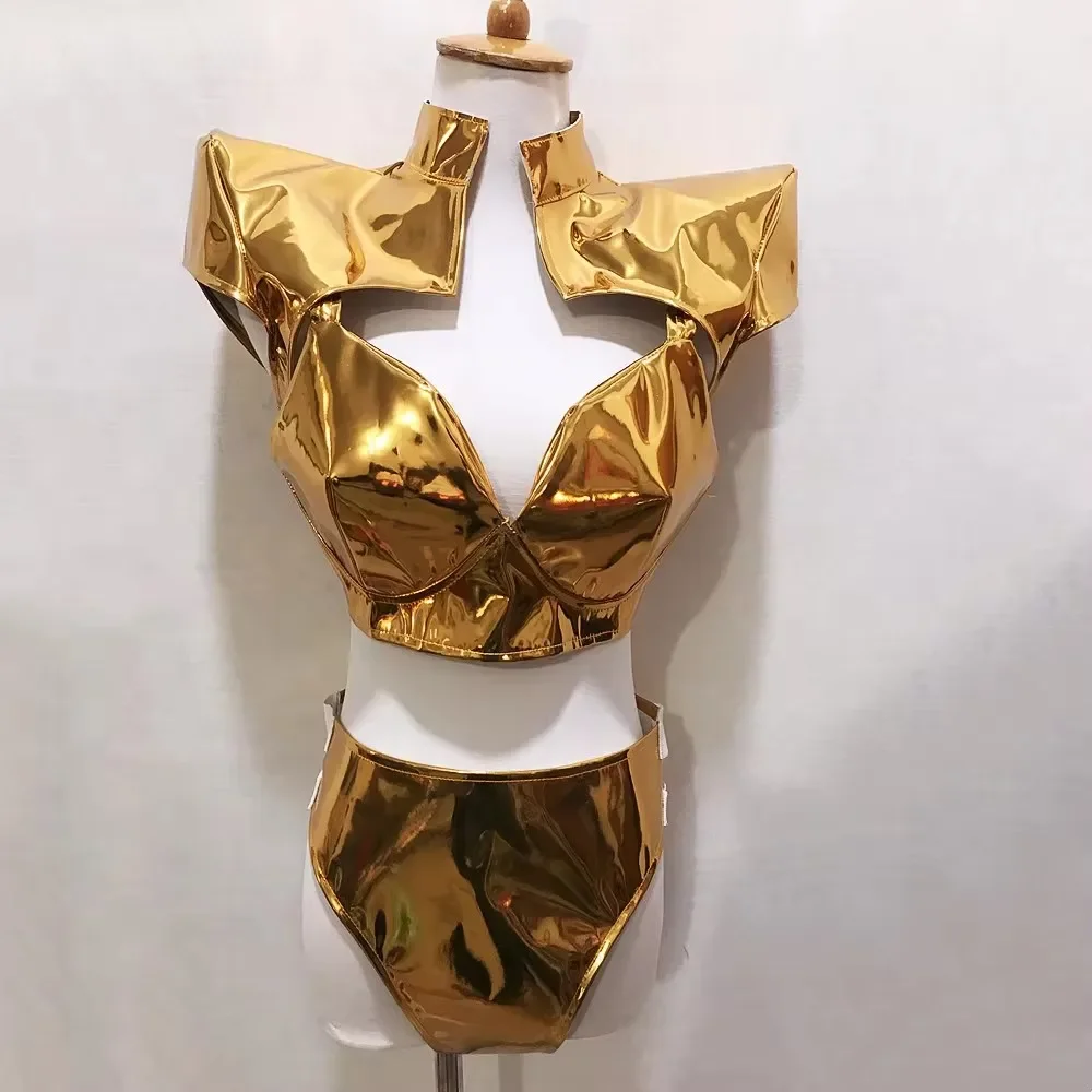 

Female Jazz Dancer Team Performance Clothes Gold Silver Patent Leather Bikini Vest Bar Nightclub Gogo Dance Costume Rave Outfits