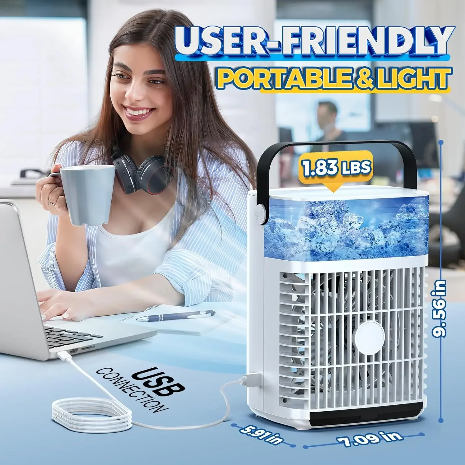 Enfriador de aire evaporativo de enfriamiento rápido con 3 velocidades, aire acondicionado Personal portátil con tanque de 20OZ y luz de 7 colores, USB Ch