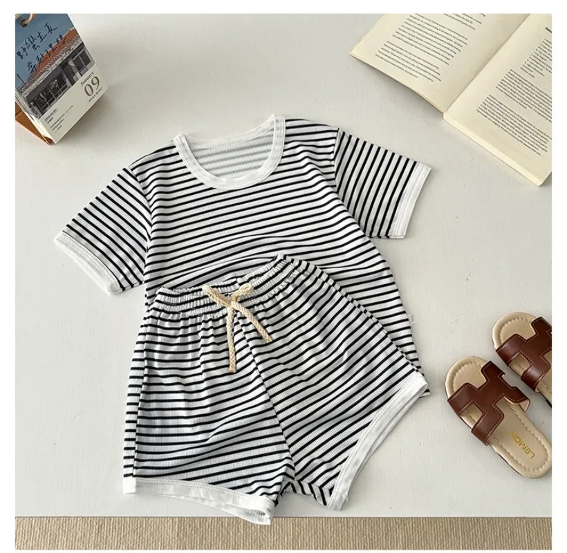Kids Clothes Set 1-7T Simple Stripe Boys T-shirt +Shorts Suit Loose Thin Children Outfits Girls Summer 2PCS