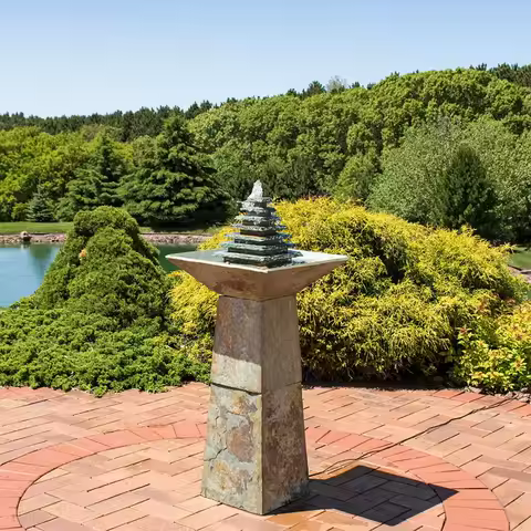 40-inch Slate Outdoor Water Fountain - Layered Pyramid Outdoor Water Feature with LED Lights for Patio, Deck, Garden