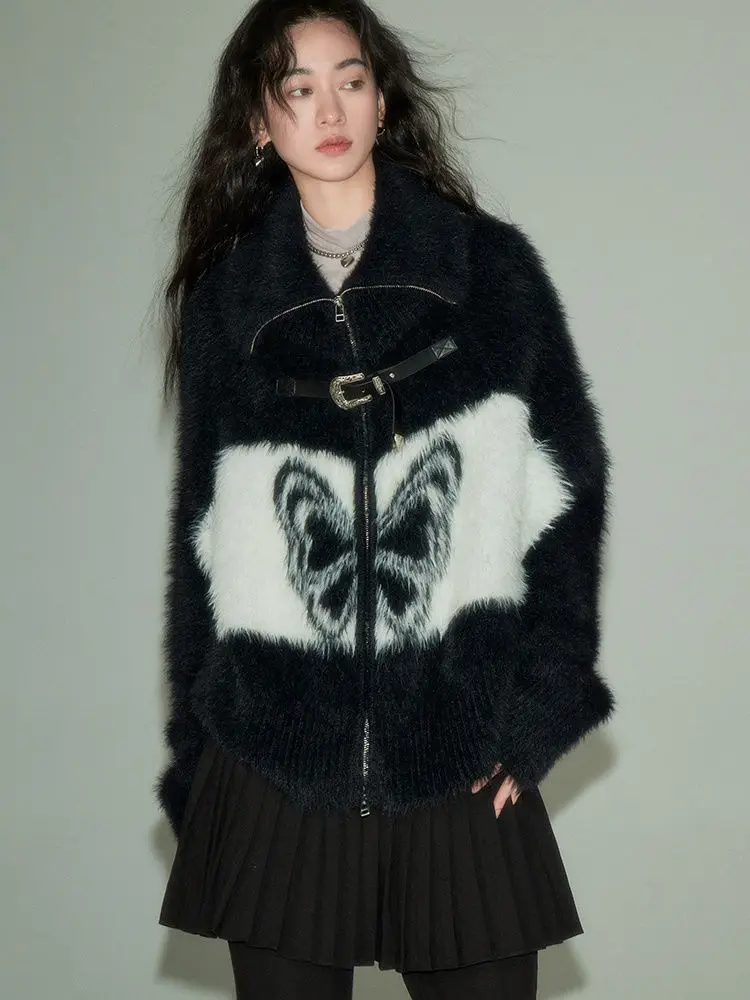 Onalippa Fashion Vintage Butterfly Pattern Imitation Mink Fur Button Knit Cardigan Black White Contrasting Loose Sweater Jacket