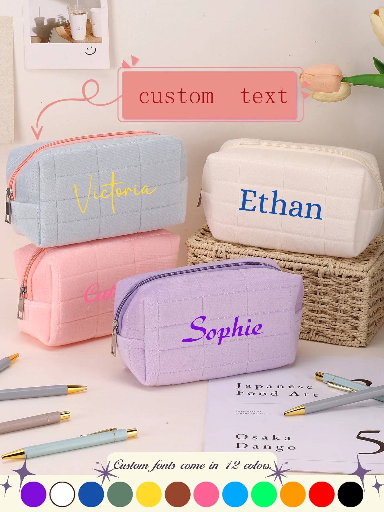Name Embroidered Quilted Plush Storage Pouch Personalized Custom Text Large Stationery Zipper Bag Back to School Supplies