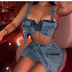 Tuta in Denim da donna nuova estate Halter Top e gonna sottile abiti Street Wear tinta unita confortevole Set da due pezzi da donna